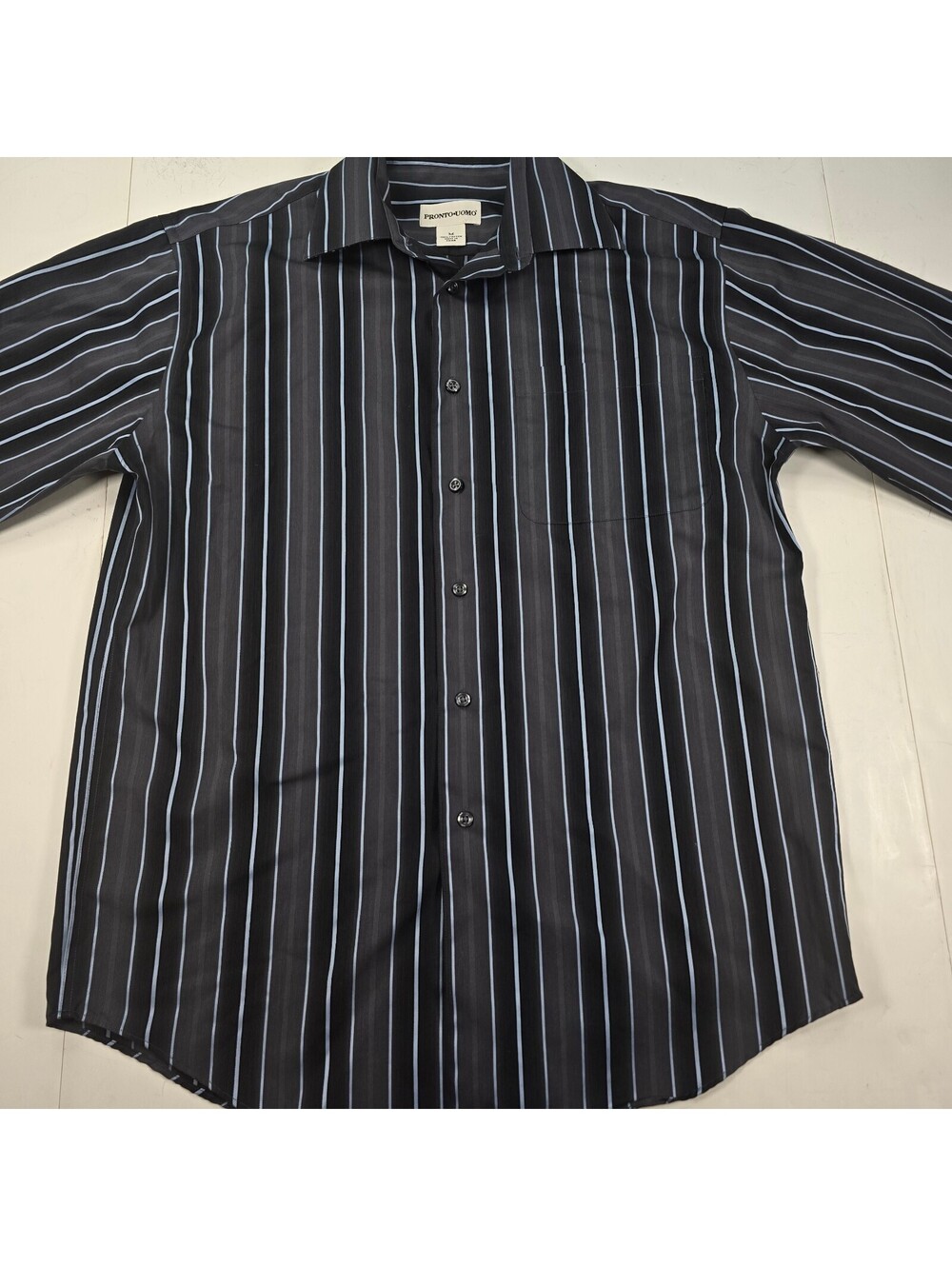 Pronto Uomo Non Iron Black Blue Striped Dress Shirt Mens M